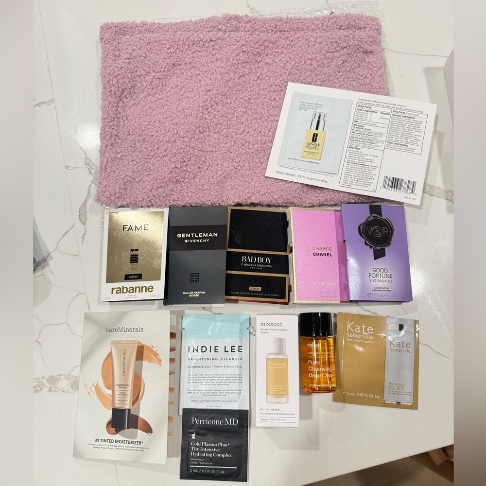 Luxury Perfume & Skincare Sample Bundle w/ Purple Fuzzy Pouch